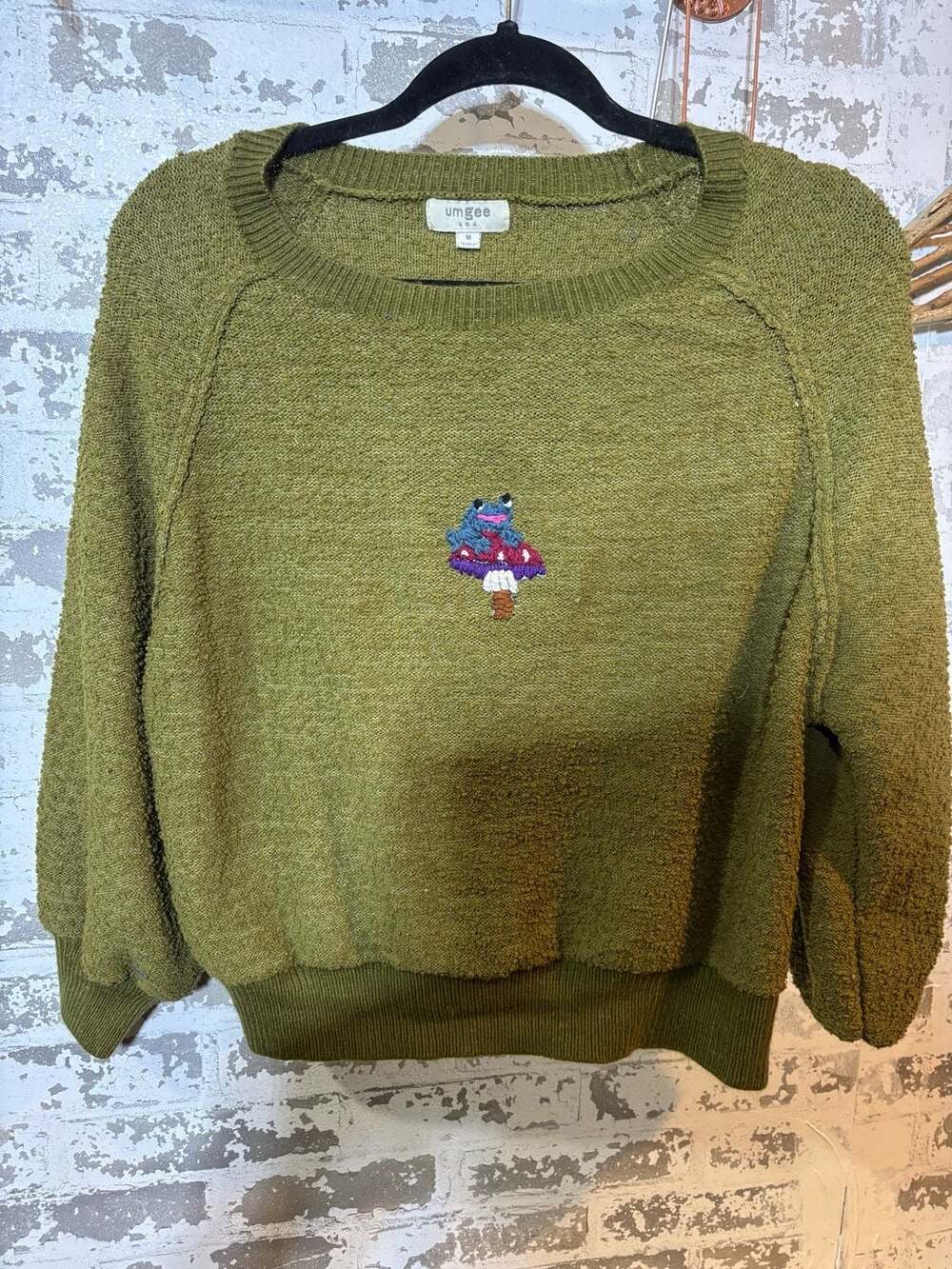 Upcycled Umgee Frog On Mushroom Hand sewn M olive Pullover cropped  sweater
